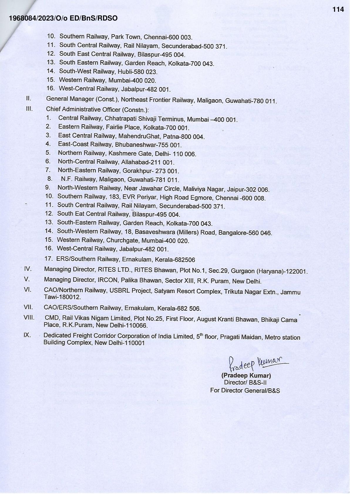 RDSO continuation letter, page 2, distribution list